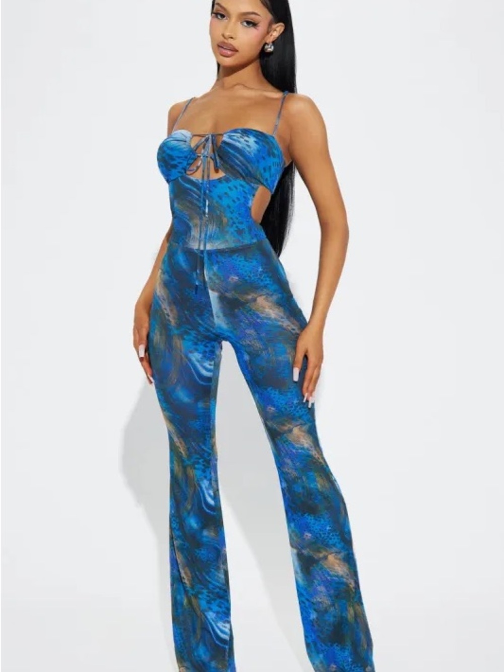 Fashion Nova Blue Marble Print Cutout Flare Jumpsuit